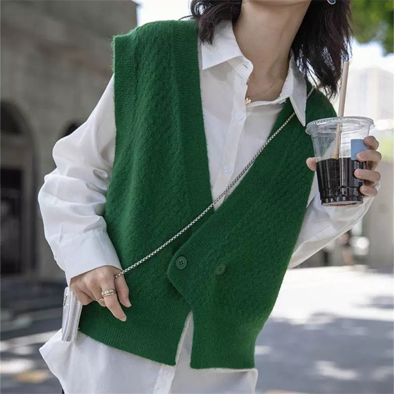 Жилет женский Французский Ретро свитер кардиган внешний дизайн чувство Глубокий V-образный вырез свободный ленивый вязаный жилет внешний