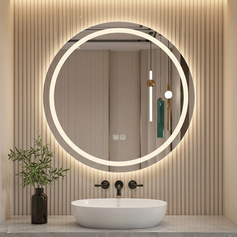 Espejo de baño inteligente redondo directo transfronterizo de hotel de alto nivel colgado en la pared iluminante pantalla táctil anti-fog espejo de baño inteligente