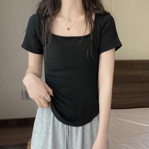 New South Korean Version Short Sleeve Square Collar T-shirt for Women, South Korean Version Slim Design, Unique Bottom Shirt Top