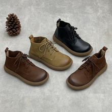外贸手工真皮短靴四季款圆头平跟系带软底磨砂牛皮女士高帮鞋跨境