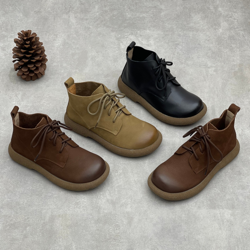 外贸手工真皮短靴四季款圆头平跟系带软底磨砂牛皮女士高帮鞋跨境