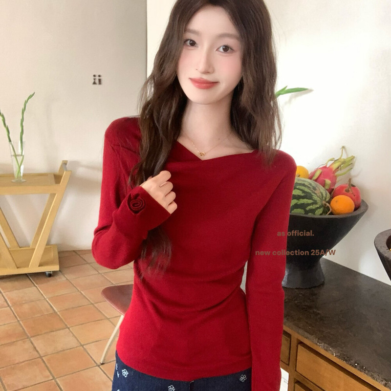 AS OFFICIAL满分秋日袖口小花朵设计荡领不规则简约洋气针织衫女|undefined