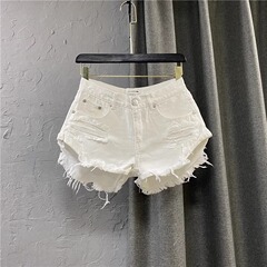 欧米の白いデニムの半ズボンの女性2025新型の夏服のギャルの破れた穴のズボンのカジュアルなファッションの広い足のA字のホットパンツ
