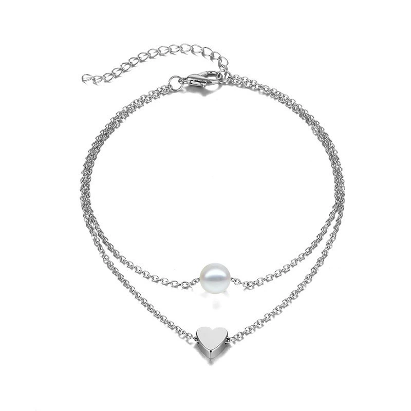  anklet (браслет на щиколотке) с сердечком, золотой или серебряный, круглые бусины, стиль лета на пляже