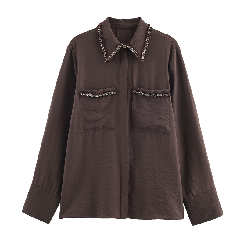 Foreign Trade Wholesale Autum New European and American Style Trim Pocket Decoration Texture Shirt 3564174