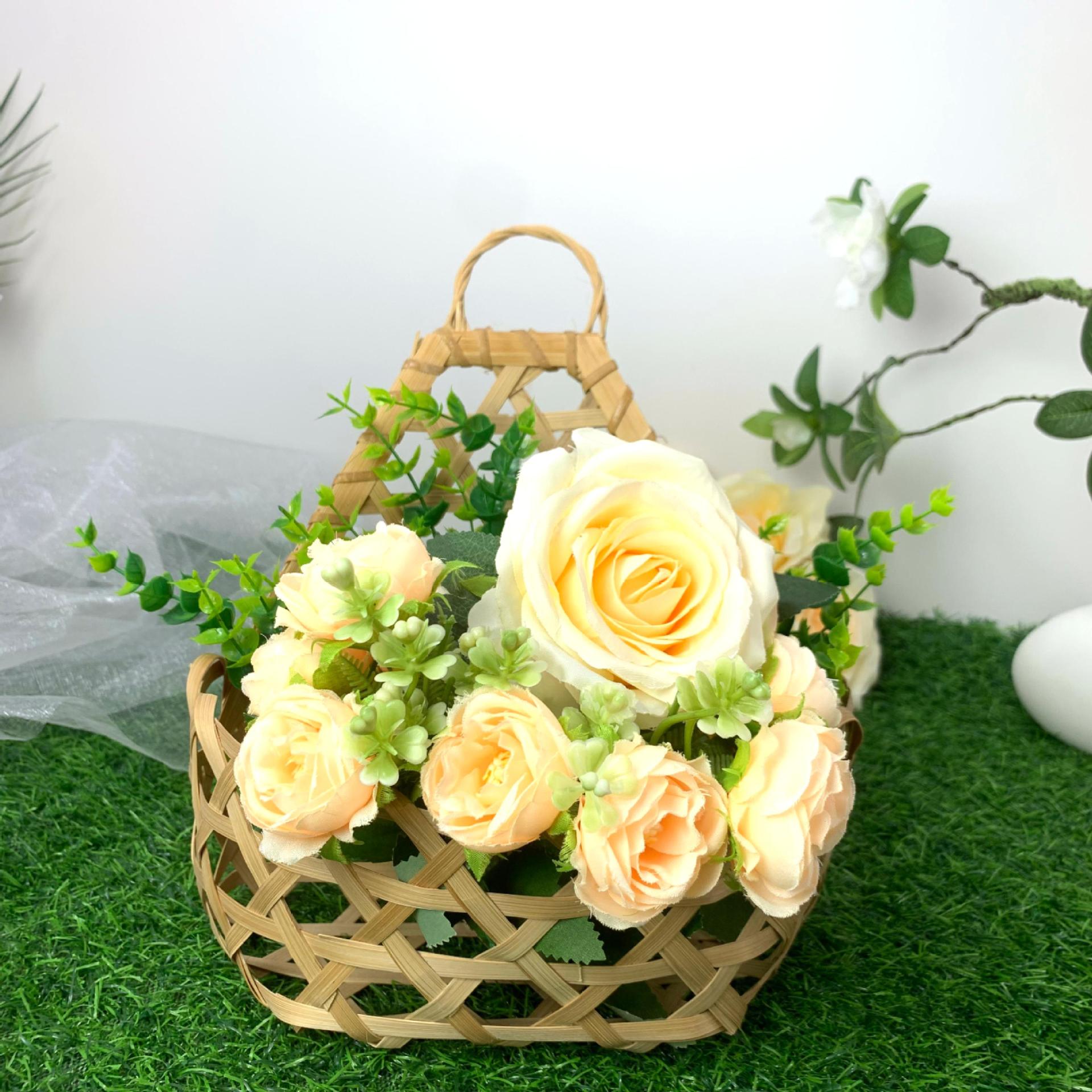竹编手工镂空挂壁花篮收纳篮插花篮花艺婚礼清新挂壁装饰定制