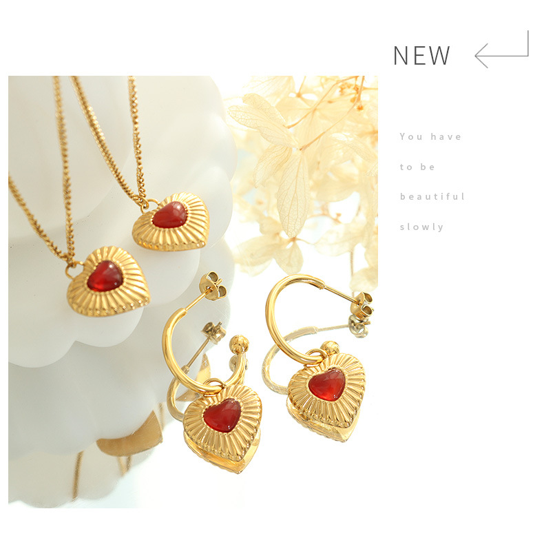 Vintage Style Heart Shape Titanium Steel Inlay Agate Earrings Necklace