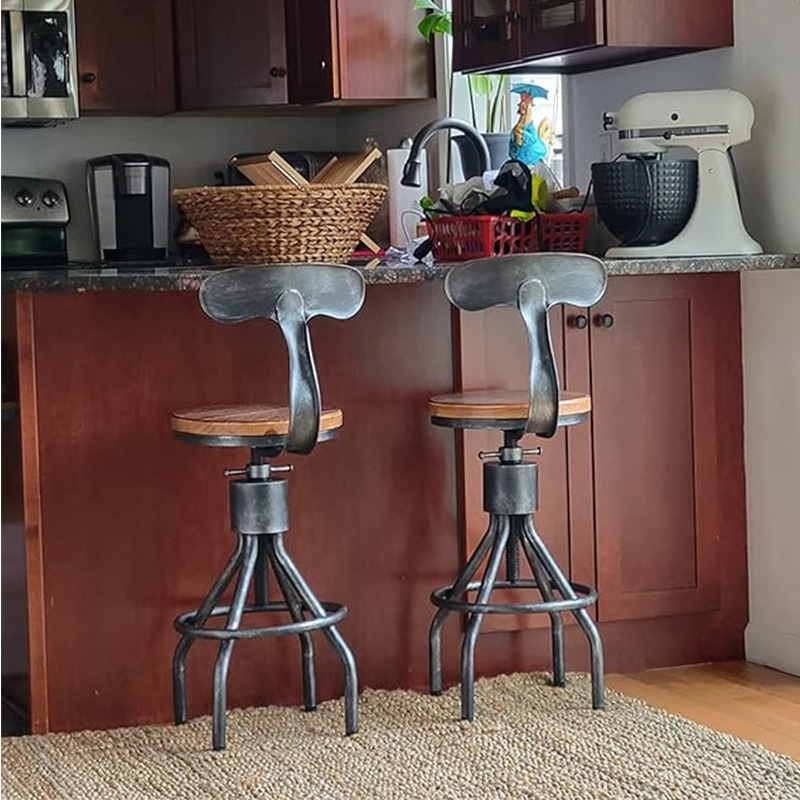 Vintage Industrial Style Iron Bar Chair Living Room Lifting Backrest Bar Chair Bar Restaurant Solid Wood Chair Bar Stool