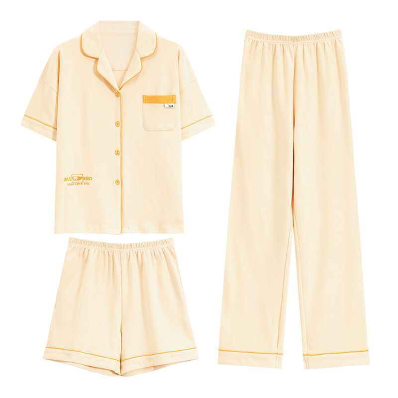 Pure Cotton Summer Three-Piece Set: Short-Sleeved Shorts, Long Pants, and Pajamas for Women, Thin and Stylish Casual Cardigan with a Turn-Down Collar, Home Wear Pure Cotton Summer Three-Piece Set: Short-Sleeved Shorts, Long Pants, and Pajamas for Women, Thin and Stylish Casual Cardigan with a Turn-Down Collar, Home Wear