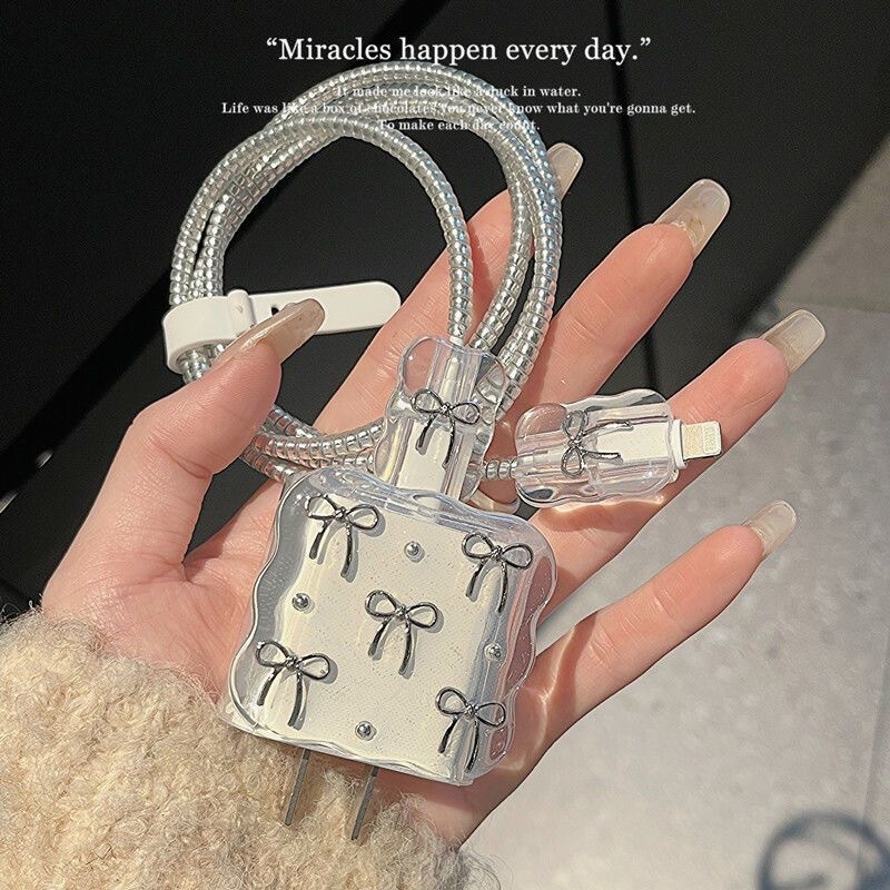 Suitable for Apple 16 Data Cable 15 Charging Head Cover 20W Girl Bow Glue Charger Protective Cover Wave