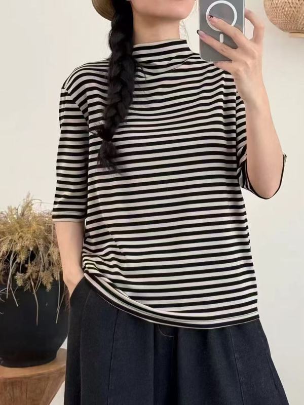 秋季 韩版宽松显瘦简约条纹半高领五分袖打底衫百搭基础内搭T恤女|undefined