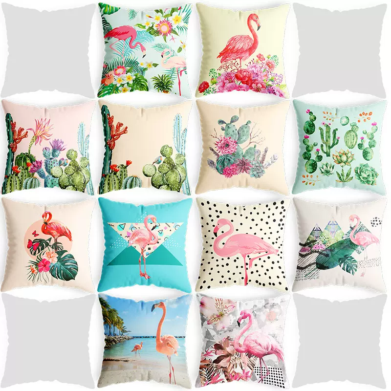 火烈鸟仙人掌抱枕绒布轻奢毛绒靠枕办公家居简约时尚靠垫批发