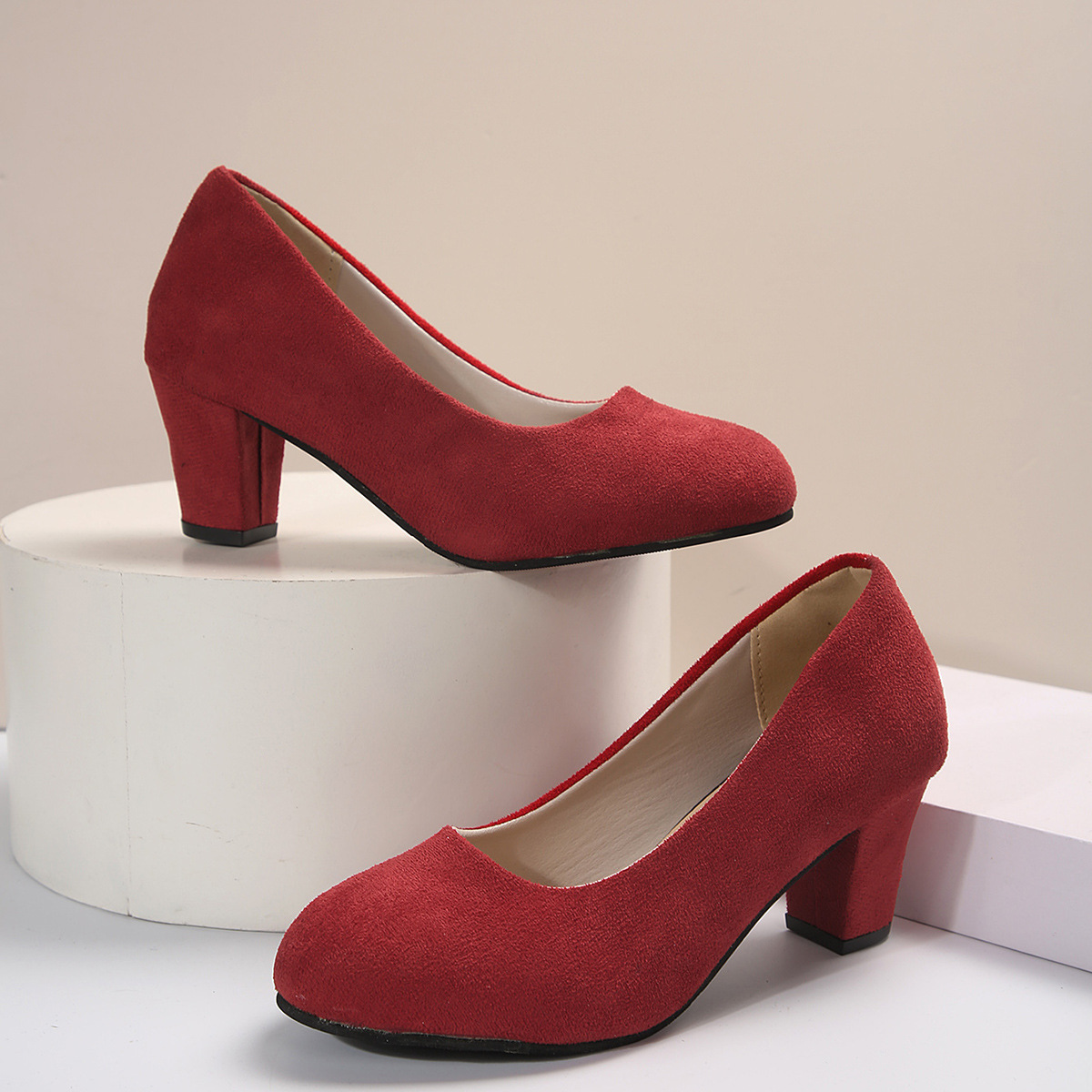 Elegante suède werkschoenen voor dames, laag uitgesneden, ronde neus, Romeinse stijl, hoge hakken, blokhakken, plusmaten, stijlvol voor de lente_voghion.com