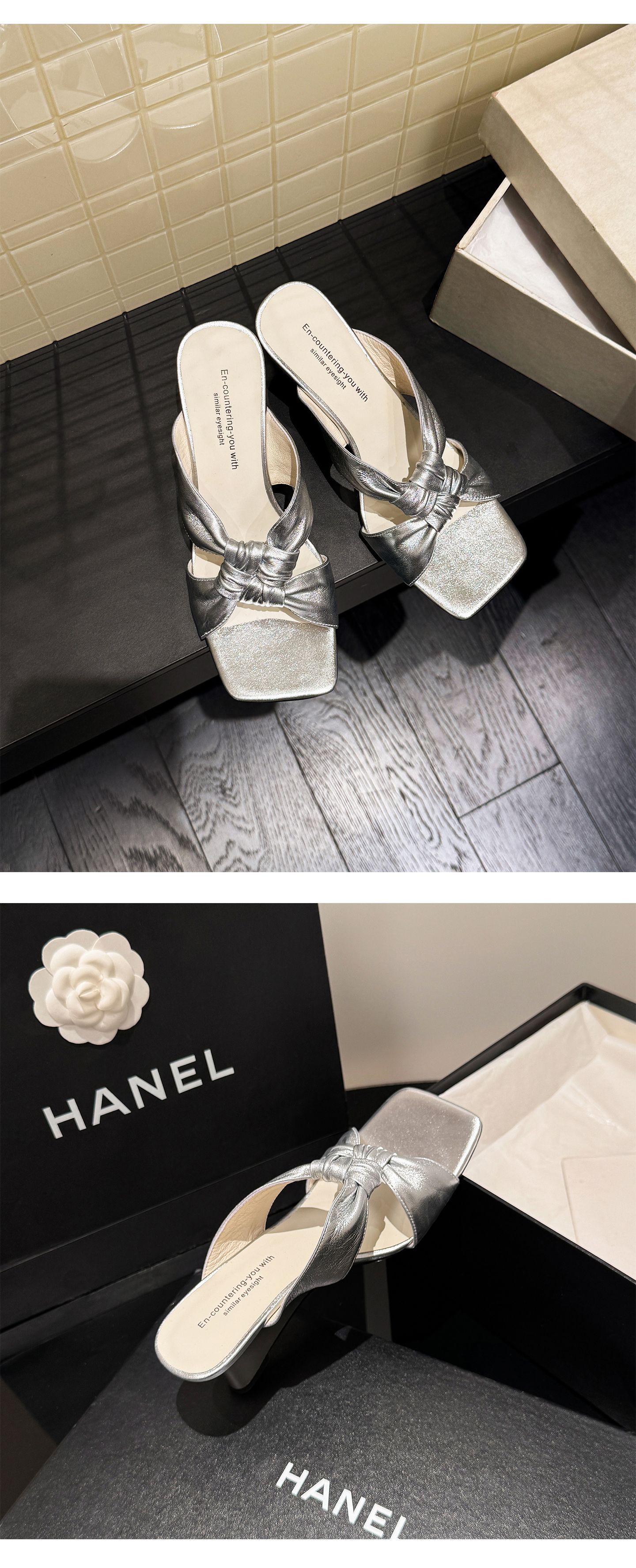 Sandal cao gót nữ mũi vuông hở ngón đế xuồng quai chéo — màu vàng, màu trắng ngà, bạc chi tiết 13