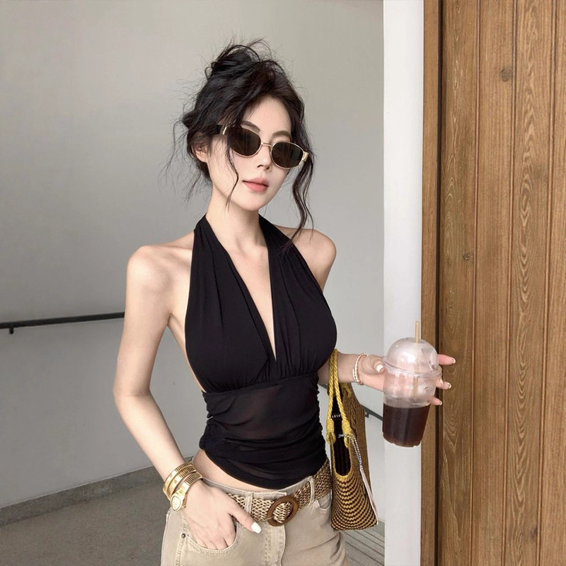 Hot Girl's Neck Black Camisole Women's Outer Wear Summer Low V-neck Sleeveless Backless 2025 Mesh Short Top