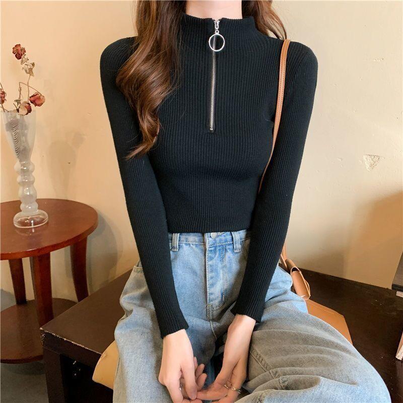 Base Shirt Women's Autumn and Winter All-match Long Sleeve T-shirt Women's 2022 New Slim-fit Zipper High Neck Knitted Top