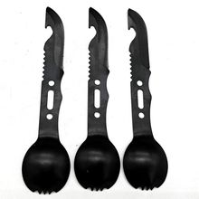 七合一刀叉勺多功能户外刀具野营餐具小直刀组合不锈钢军刀口哨刀