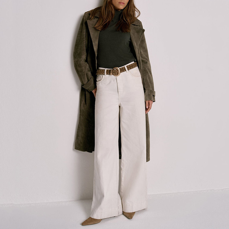 Damen Trenchcoat In Wildlederoptik Mittellang Mit Gürtel Und Knopf_voghion.com