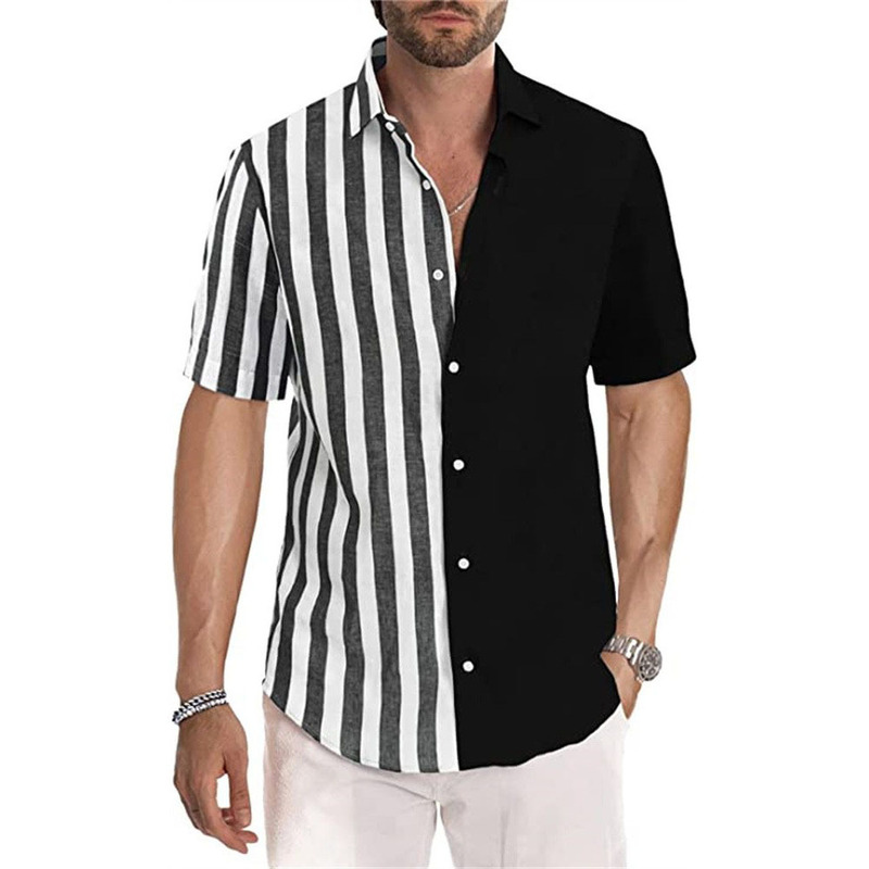 Spring and Autumn Shirt Amazon New Fashion Men's Short Sleeve Half Striped Lapel Shirt Source Factory