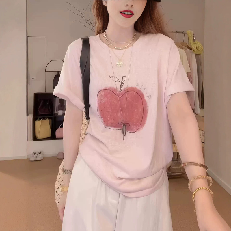 New Pink Dopamine Youthful Apple Print Short-Sleeve T-Shirt for Women, Summer Ins-Style Loose Casual Plus-Size Top