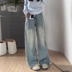 浅色高腰阔腿牛仔裤女2025新款梨型身材大码胖mm显瘦宽松直筒裤子