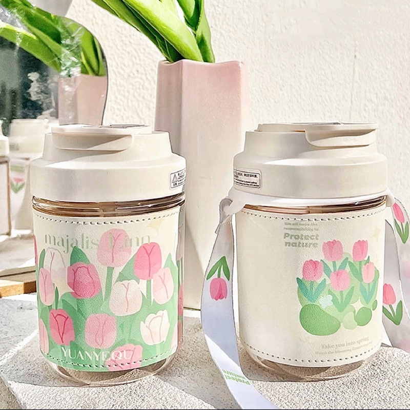 Little Red Book Same Spring Tulip Water Cup Net Celebrity High Color Value Crossbody Cup with Glass Cup with Straw Cup