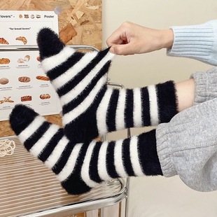 Fleece Socks Mink Velvet Striped Autumn and Winter Fluffy Mid-Tube Thickened Sleep Maternity Socks Slouch Socks Fluffy Women