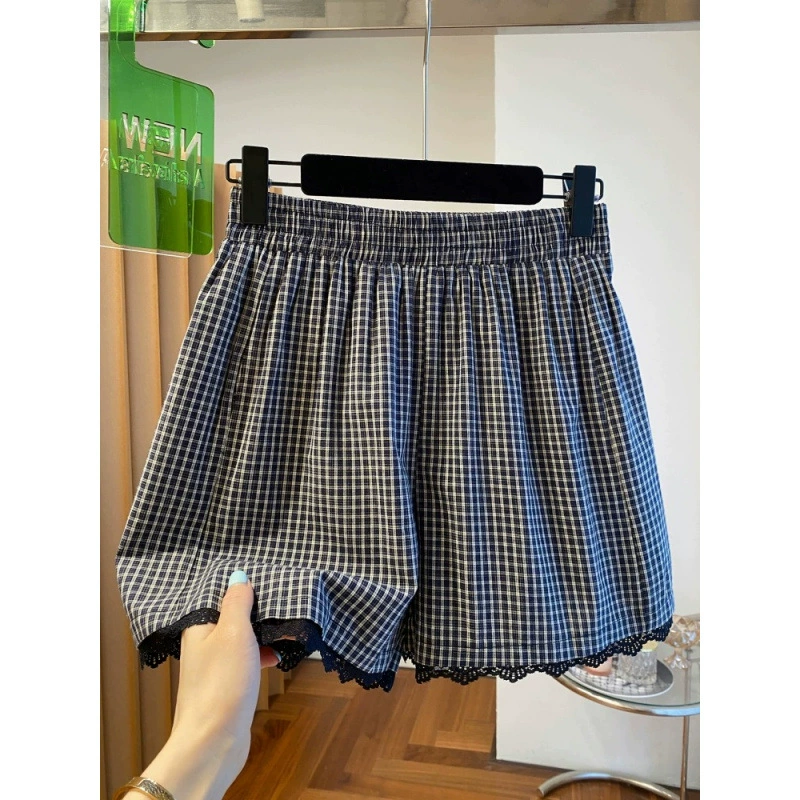 В наличии летние шорты в клетку с кружевной отделкой для миниатюрных женщин, новые свободные широкие брюки с высокой талией для женщин.