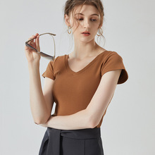 免穿文胸V领短袖t恤女纯棉带胸垫罩杯一体小个子美背修身上衣夏季