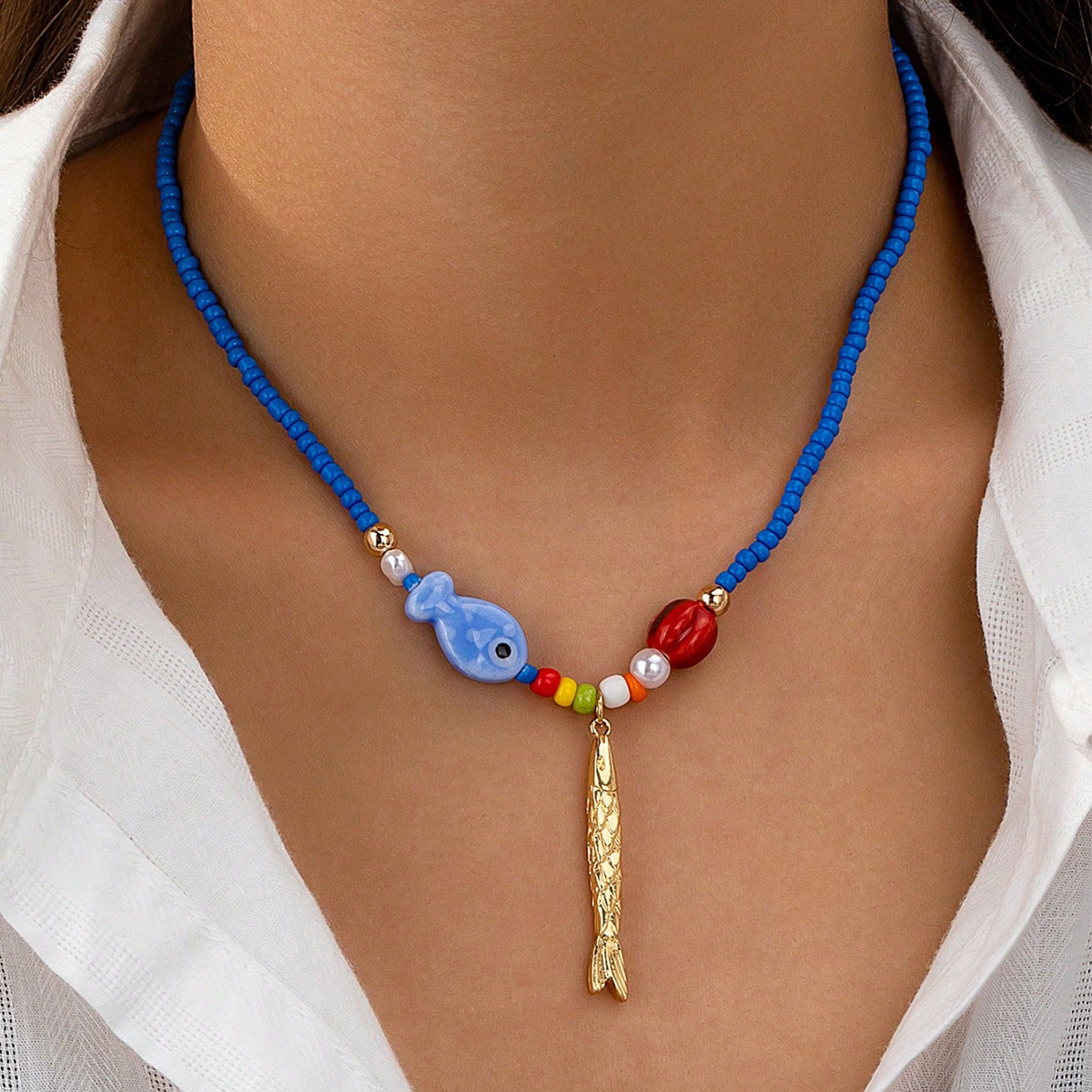 Glass Chain Material Beaded Chain Chain Type 1 Piece Quantity Cute Marine Style Fish Alloy Glass Beaded Chain Lobster Trigger Clasp Closure Beaded Necklaces Wholesale