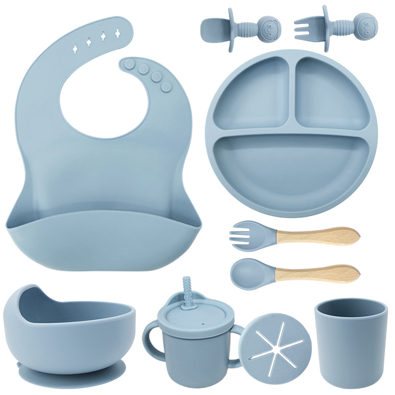 Juego de vajilla de silicona para niños Tazón de alimentación de grado alimenticio para bebés Taza de pajita molar para bebé