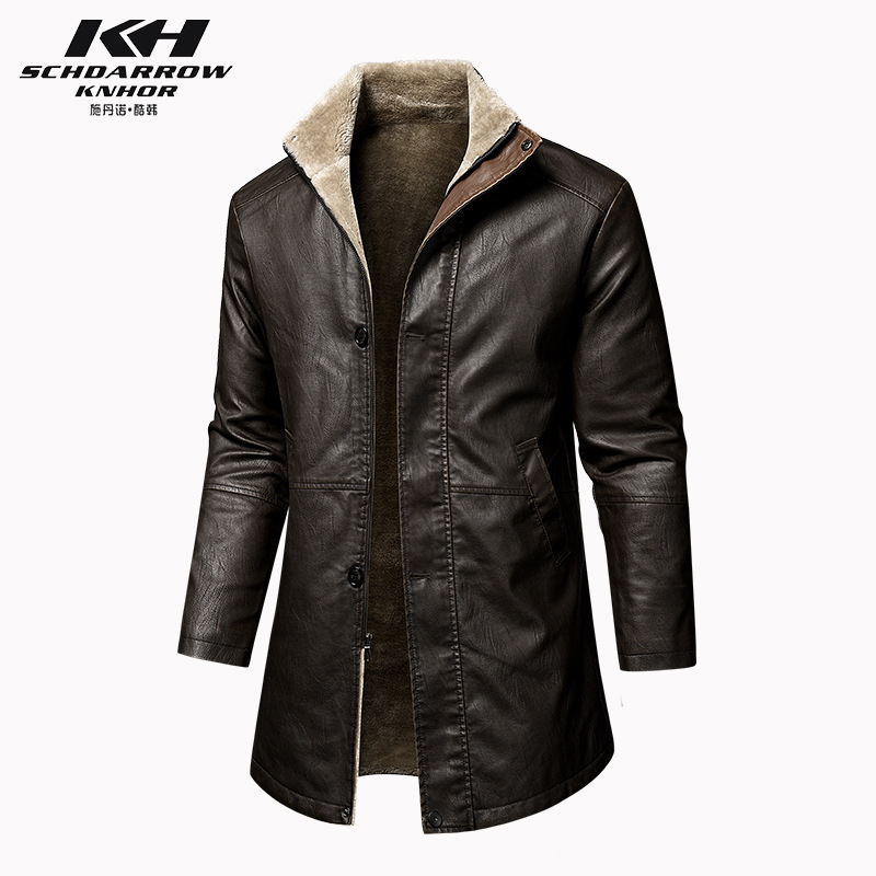 Cross-border European and American men's leather coat extended plus size men's PU leather coat winter fleece-lined warm middle-aged and elderly coat Cross-border European and American men's leather coat extended plus size men's PU leather coat winter fleece-lined warm middle-aged and elderly coat