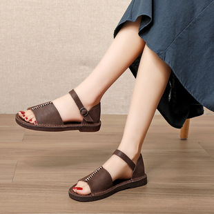 Summer New Style Top Layer Cowhide Sandals Women's Handmade Stitched Beef Sole Flat Heel Buckle Mori Women's Vintage Shoes 1798