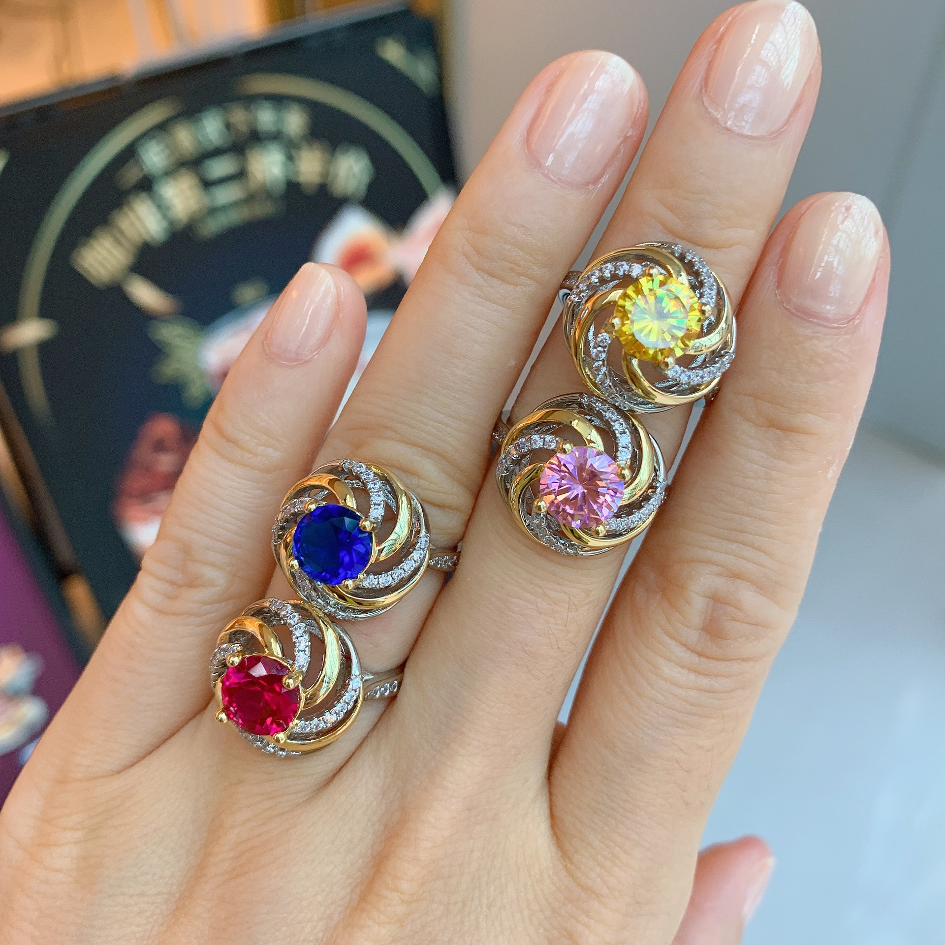 Retro Color Block Copper Gold Plated Inlay Rhinestones Open Ring