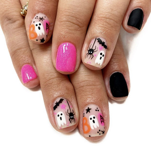 24 pieces wear nail beauty piece finished product Halloween ghost spider pink black nail piece cute short foreign trade cross-border nail