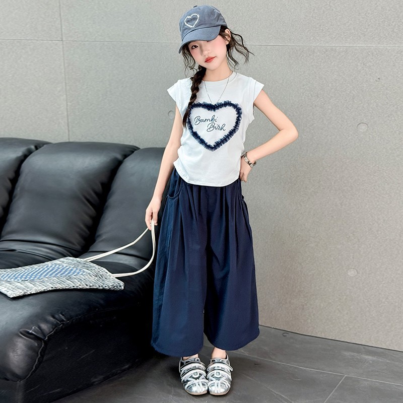 Girls Summer Short-Sleeved Suit 2025 New Style Girls Summer Korean T-Shirt Kidsren's Wide-Leg Pants Two-Piece Trendy Set
