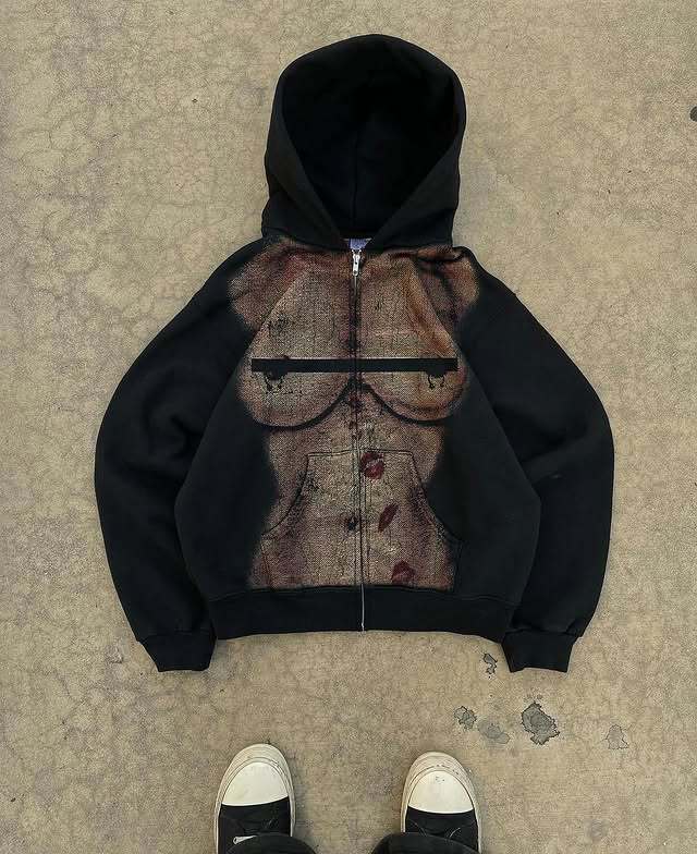 Slim-Fit Kapuzenpullover mit Reißverschluss – Unisex Streetwear Essential (S-3XL, 80% Polyester, Schwarz, Gothic-Punk-Ästhetik)_voghion.com