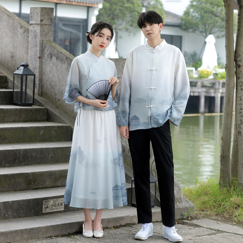Chinese style couple outfits, a modernized Chinese style, with a gradient color stand-up collar, perfect for high school students.