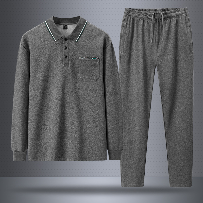 Traje casual de primavera para hombre, estilo polo, nuevo estilo holgado de manga larga para hombres de mediana edad y mayores, talla grande, transpirable, traje de dos piezas con pantalones largos.