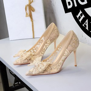 1788-H155 European and American Style Lace Mesh Wedding Shoes Super High Heels Bow Banquet Dress High Heels