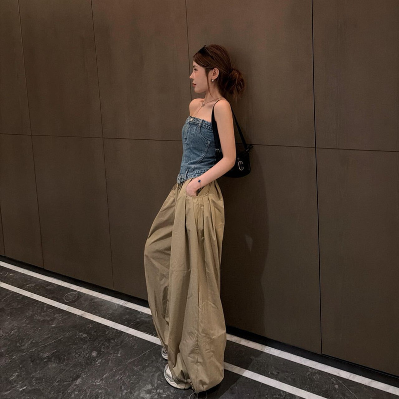 Summer New Style Pure Desire Spicy Girl Versatile Tube Top Denim Camisole Top Casual Slimming Wide-Leg Long Pants