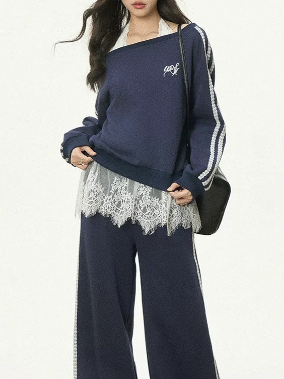 1月18号新品WESTAYONE斜领卫衣露肩上衣运动裤休闲两件套装|undefined