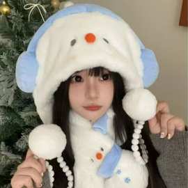 冬季保暖加厚雪人帽可爱多巴胺雪人围巾手套帽子三件套成人毛绒