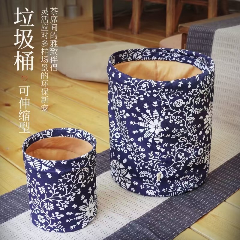 Tea Room Zen Meditation Room Light Luxury Trash Can Household Zen Foldable Storage Bucket Tea Art Blue and White Porcelain Cloth Storage Bag Tea Room Zen Meditation Room Light Luxury Trash Can Household Zen Foldable Storage Bucket Tea Art Blue and White Porcelain Cloth Storage Bag