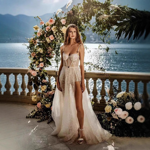 Cross-border European and American fashion suspenders tube chest lace perspective beach bride wedding dress falling to the ground sexy dress