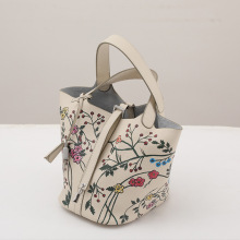 头层Togo牛皮彩绘菜篮子手提女包真皮树叶女士水桶包包