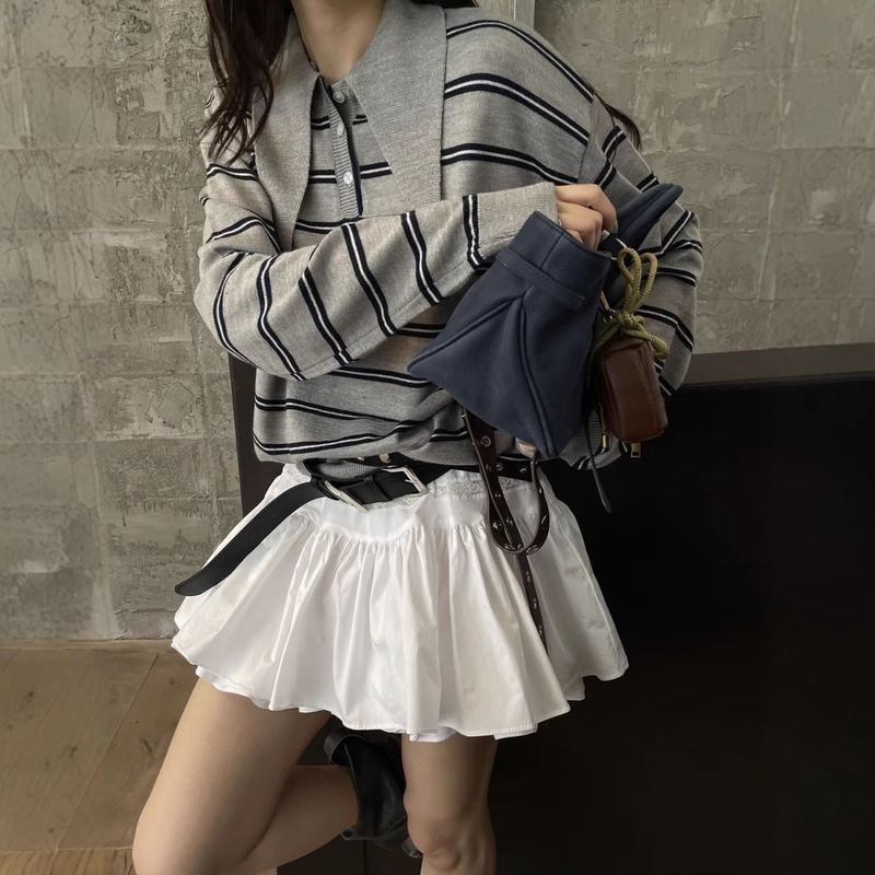 韩国chic秋季新款韩版百搭复古条纹系扣尖领慵懒宽松长袖针织衫女|undefined