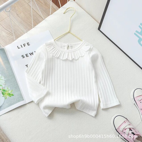 Girls' Long Sleeve T-Shirt Spring New Children Plain Color Thin Long Sleeve Base Shirt Middle Children Pure Cotton Collar T