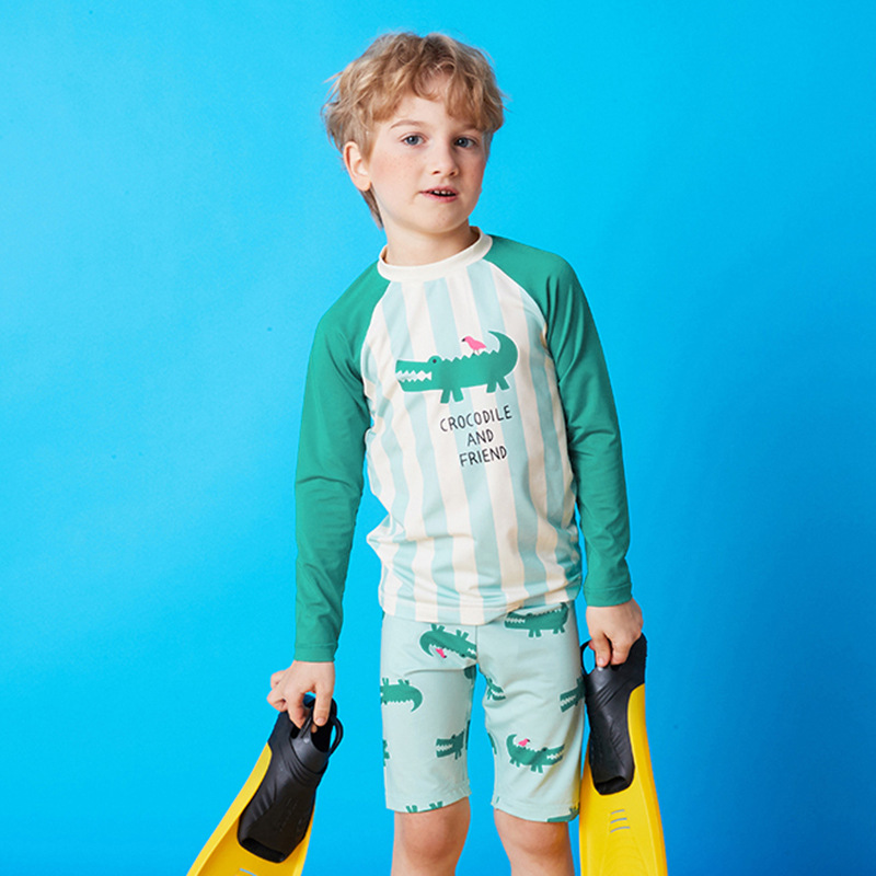2024 new children's swimsuit split long sleeve green crocodile quick-drying hot spring swimsuit swimming cap medium and large boys baby