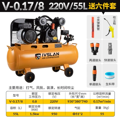 Custom Aslan Belt Type Industrial Air Compressor 220 380 Piston Air Pump Full Copper Wire Air Compressor (Hava kompressorları) - all-copper-15kw-two-cylinders-0178-single-phase-comes-with-a-six-piece-set